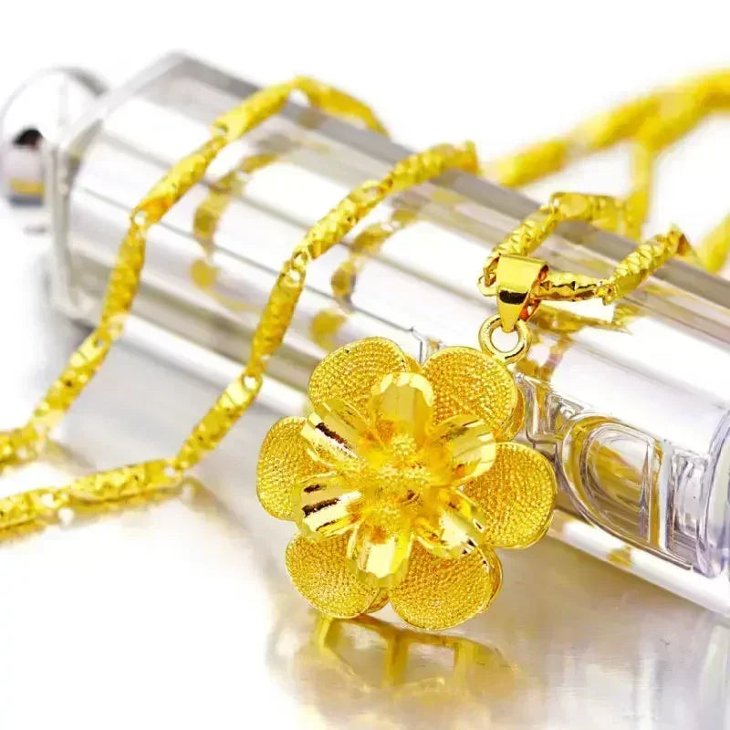 24K Pure Gold AU999 Women's Necklace with Large 3D Flower Pendant Luxury High-Quality Jewelry for Ladies Boutique New Arrival