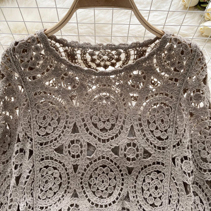 Casual Loose Knitting Top O Neck Hook Flower Hollow Long Sleeved Tassel Design Fashion French Vintage Blouse