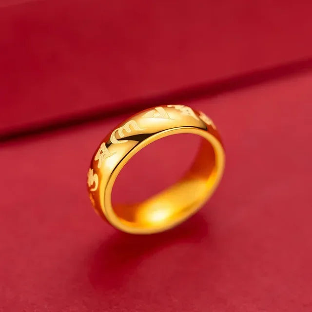 9999 Real Gold 24K Yellow Gold Six-character Mantra Ring Daming Mantra for Men and Women Couples Ring