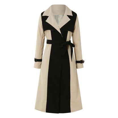 Elegant Long Jacket Women Retro Formal Black Khaki Contrast Notched Collar Windbreaker Coat
