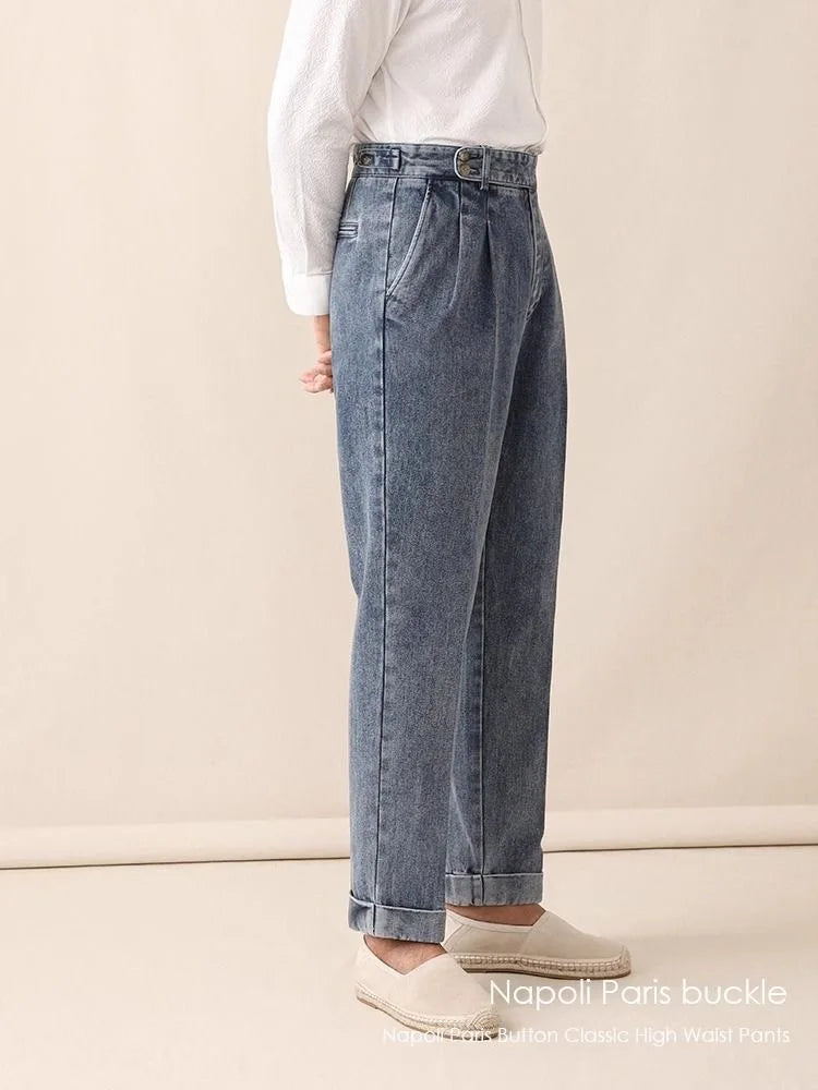 Men Naples Jeans British Styles Waist Buckle Casual Denim Pants