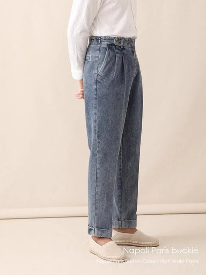 Men Naples Jeans British Styles Waist Buckle Casual Denim Pants
