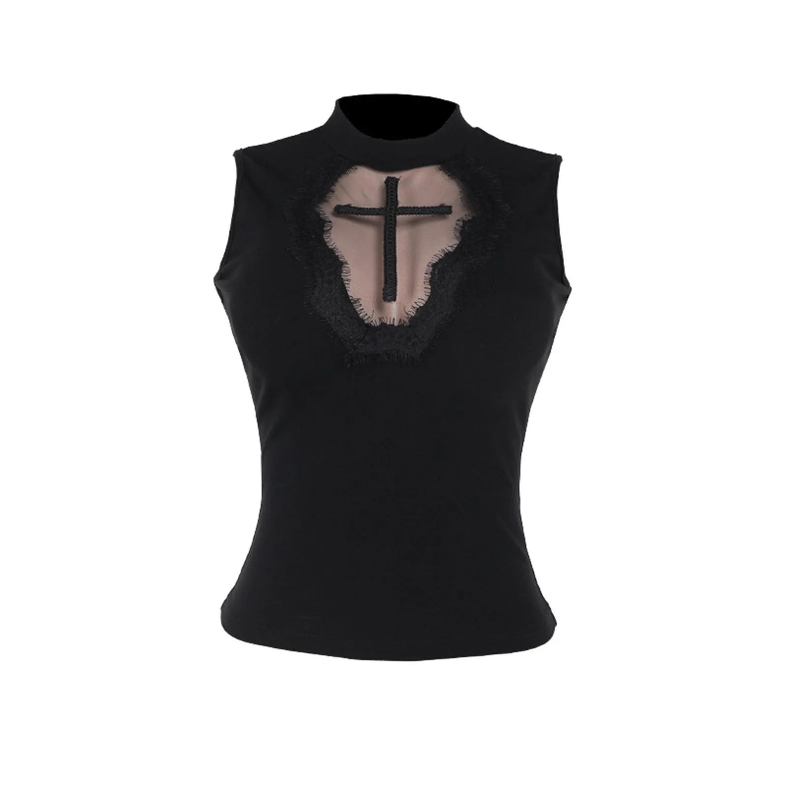 Goth Cross Print Lace Crop Top Camis Black Red Basic Corset Tank Black / S / United States Black / L / United States 