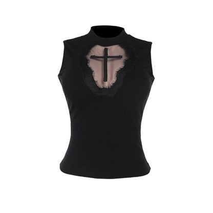 Goth Cross Print Lace Crop Top Camis Black Red Basic Corset Tank Black / S / United States Black / L / United States 