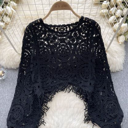 Casual Loose Knitting Top O Neck Hook Flower Hollow Long Sleeved Tassel Design Fashion French Vintage Blouse