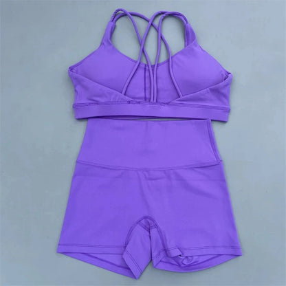 Solid Color Gym Bike Yoga Set Short Legging +Cross Sport Bra Tracksuit Athletic Women Gym Suit Comprehensive Training Jogging
