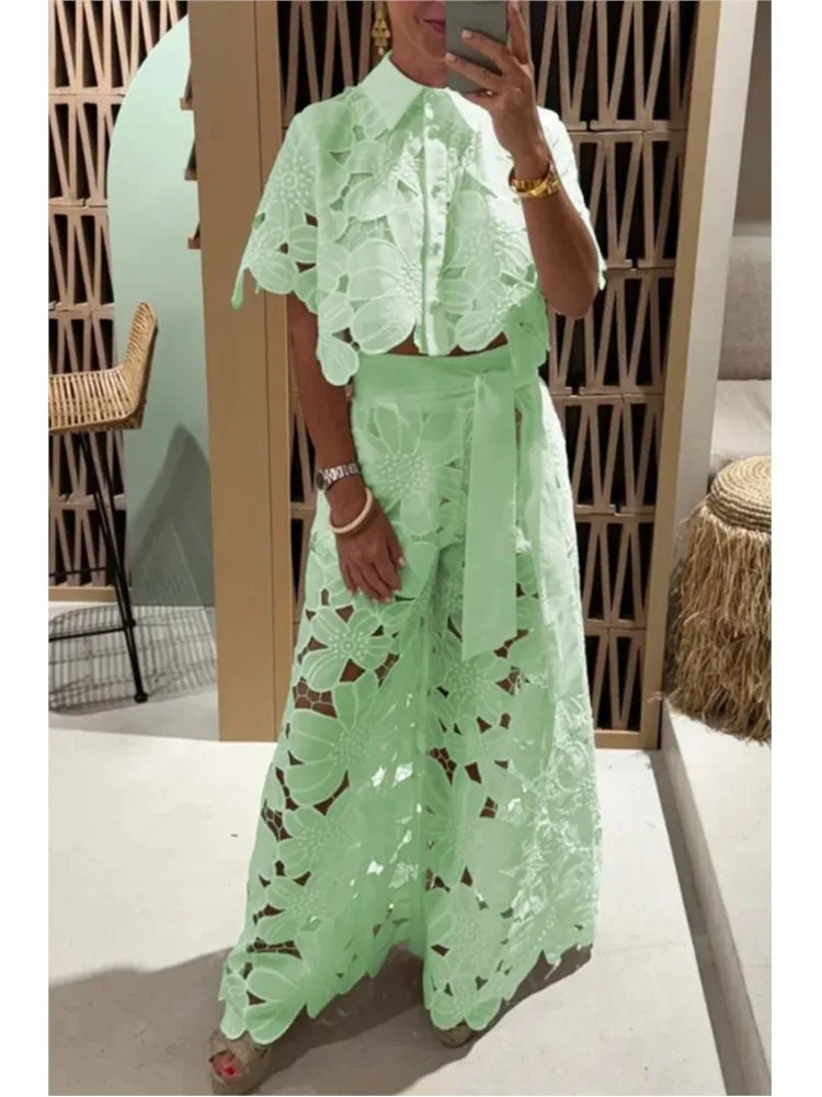 Lapel Single-breasted Shirt Top + Wide-leg Pants 2-piece Set Women Casual Hollow Suit