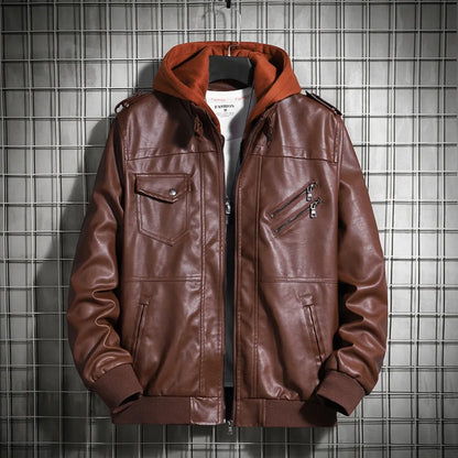 Hooded Leather Jacket Men's PU Leather Motorcycle Leather Coat
