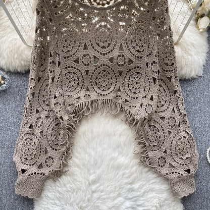 Casual Loose Knitting Top O Neck Hook Flower Hollow Long Sleeved Tassel Design Fashion French Vintage Blouse