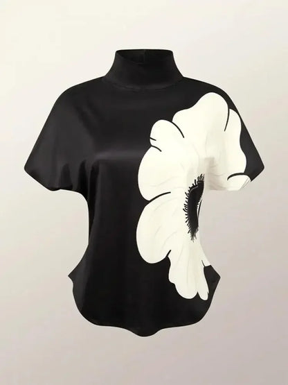 Fashion Flower Printed High Neck Basics Top Short Sleeves Skinny Casual Trendy T-shirts
