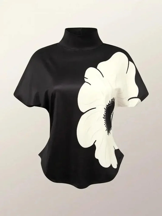 Fashion Flower Printed High Neck Basics Top Short Sleeves Skinny Casual Trendy T-shirts