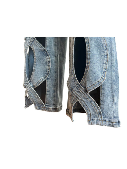 Vintage Cutout Hollow Out Criss Cross Straight Denim Pants High Waist Wide Leg Jeans Trousers