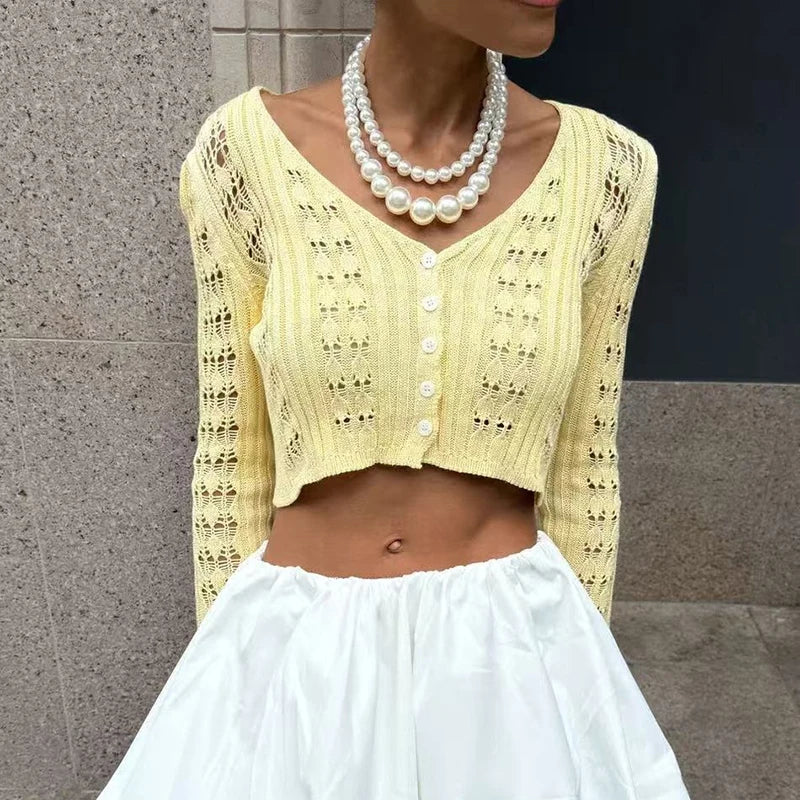 Hollow Knitted Cardigan Women's Solid Long Sleeve V Neck Short Sweater Top Female Crochet Yellow / S White / L White / M Yellow / S-White / L-White / M-White / S-Brown / L-Brown / M-Brown / S-Pink / L-Pink / M-Pink / S-Yellow / L-Yellow / M-Wine Red / L-Wine Red / M-Wine Red / S-Blue / L-Blue / M-Blue / S-