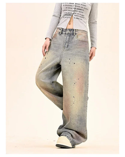 American Fashion Tie-Dye Graffiti Straight Leg Wide Jeans Straight Leg Loose Jeans Hip-hop Street Baggy Jeans