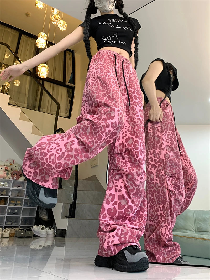 Women's Red Leopard Pants Jogger Harajuku Streetwear Sweatpants Loose Pants Y2k Retro 2000s Aesthetic Vintage Trousers Clothes
