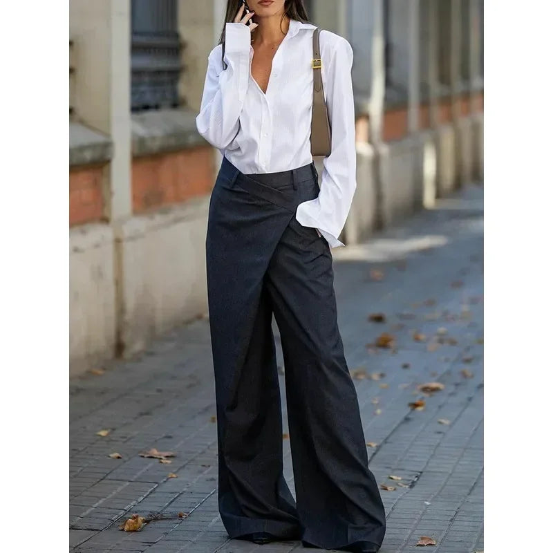 Office Lady Suit Pants High Waisted Wide Leg Floor-Length Urban Casual Commute Trousers For Women