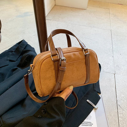 Women Suede Shoulder Bag Adjustable Strap Boston Bag with Interior Pocket Top Handle Bag Zipper Handbag for Work Travel