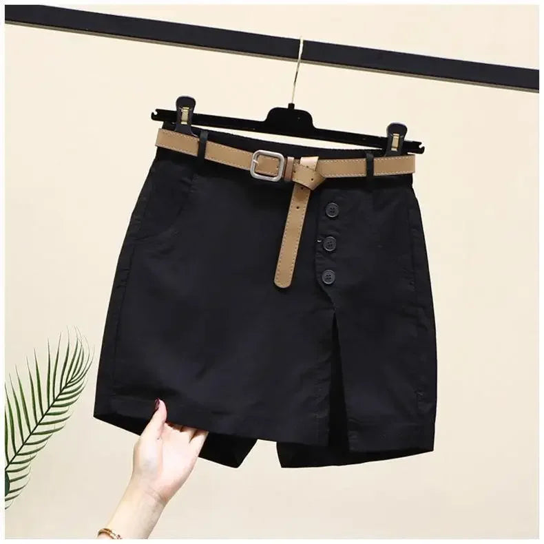 Cotton Shorts High Waist A- Line Skirt with Belt Pure Cotton Pants