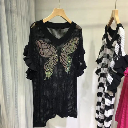 Diamond Oversized Tshirts for Women Knitted Thin Tees Hollow Out V-neck Butterfly Casual Y2k Tops Fashion Ruffles Korean T Shirt
