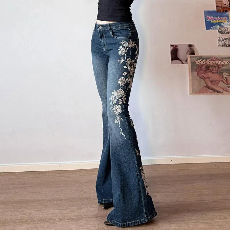 Woman's Flowers Embroidered Flared Denim Pants Slim Dragging Long Jeans