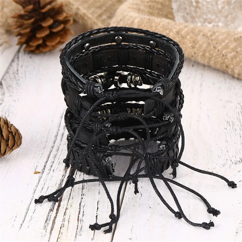 Punk Multilayer Antique Leather Bracelet Set Skull Eye Star Charms Hiphop Rock Y2K Vintage Pu Gothic Wristband Man Goth Jewelry