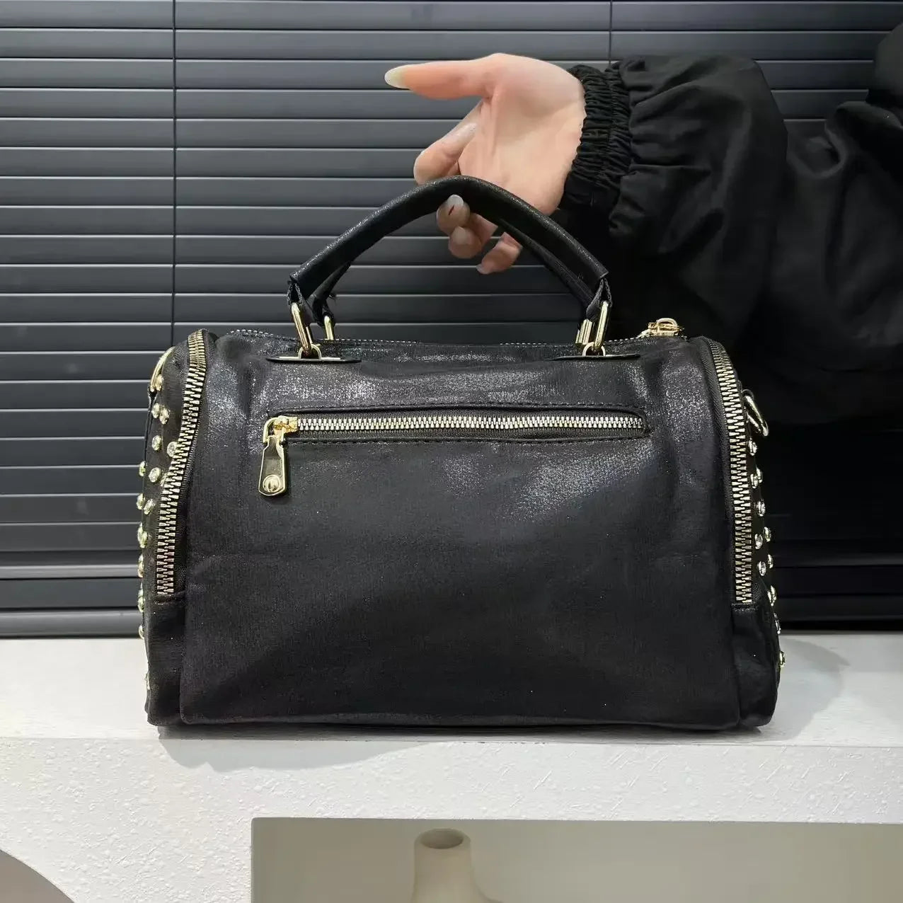 Ladies' diamond studded nylon tote bag with leopard pattern