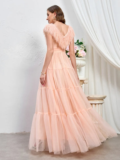 Elegant Wedding Dress Puffy Feather Sleeve Prom Dress Dusty Pink Ruched Backless Long Bridesmaids Gowns