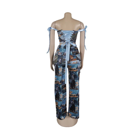 2 Piece Set Print Lace Up Strapless Tops + Wide Leg Pants Club Party Two Piece Outfits