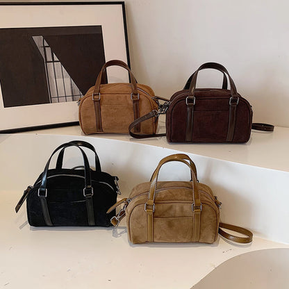 Women Suede Shoulder Bag Adjustable Strap Boston Bag with Interior Pocket Top Handle Bag Zipper Handbag for Work Travel