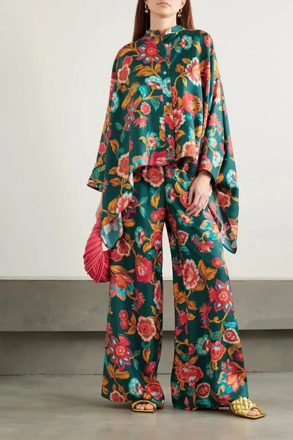 Vintage Print Pants Sets Women Irregular Loose Long Sleeve Shirt Wide Leg Trousers Two Piece Set Female Fashion Trend Streetwear