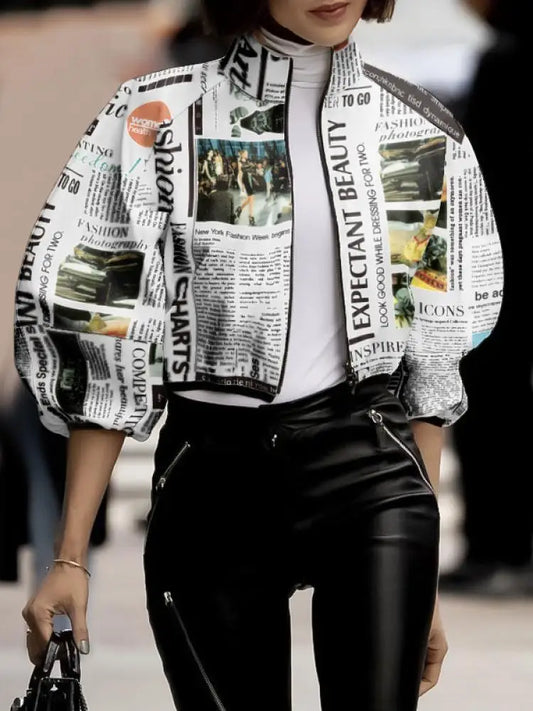 Loose Puff Sleeves Letter Print Stand Collar Jacket Causal Going Out Outerwear For Women