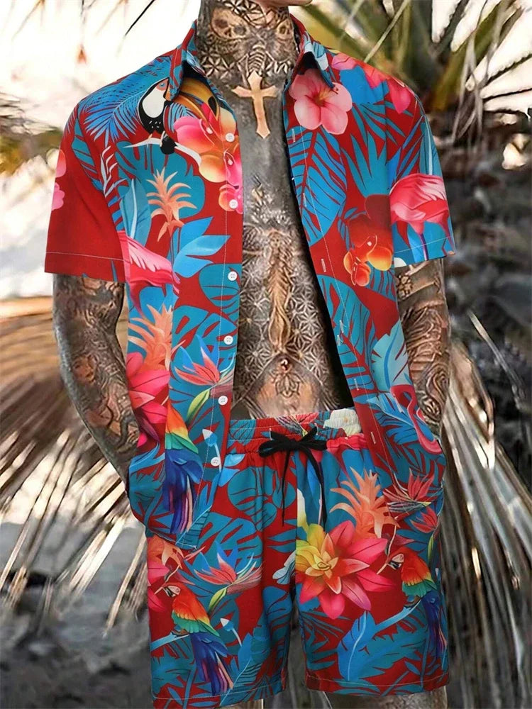 Men's Hawaiian Short-Sleeved Shirt Shorts Set Drawstring Shorts Jungle Print