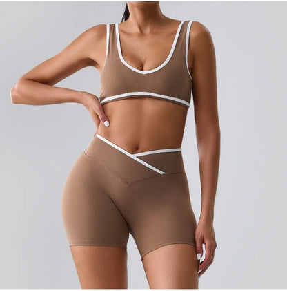 Seamless Yoga Sets Sports Fitness cross waist  Waist Hip-lifting Shorts Bra Suit