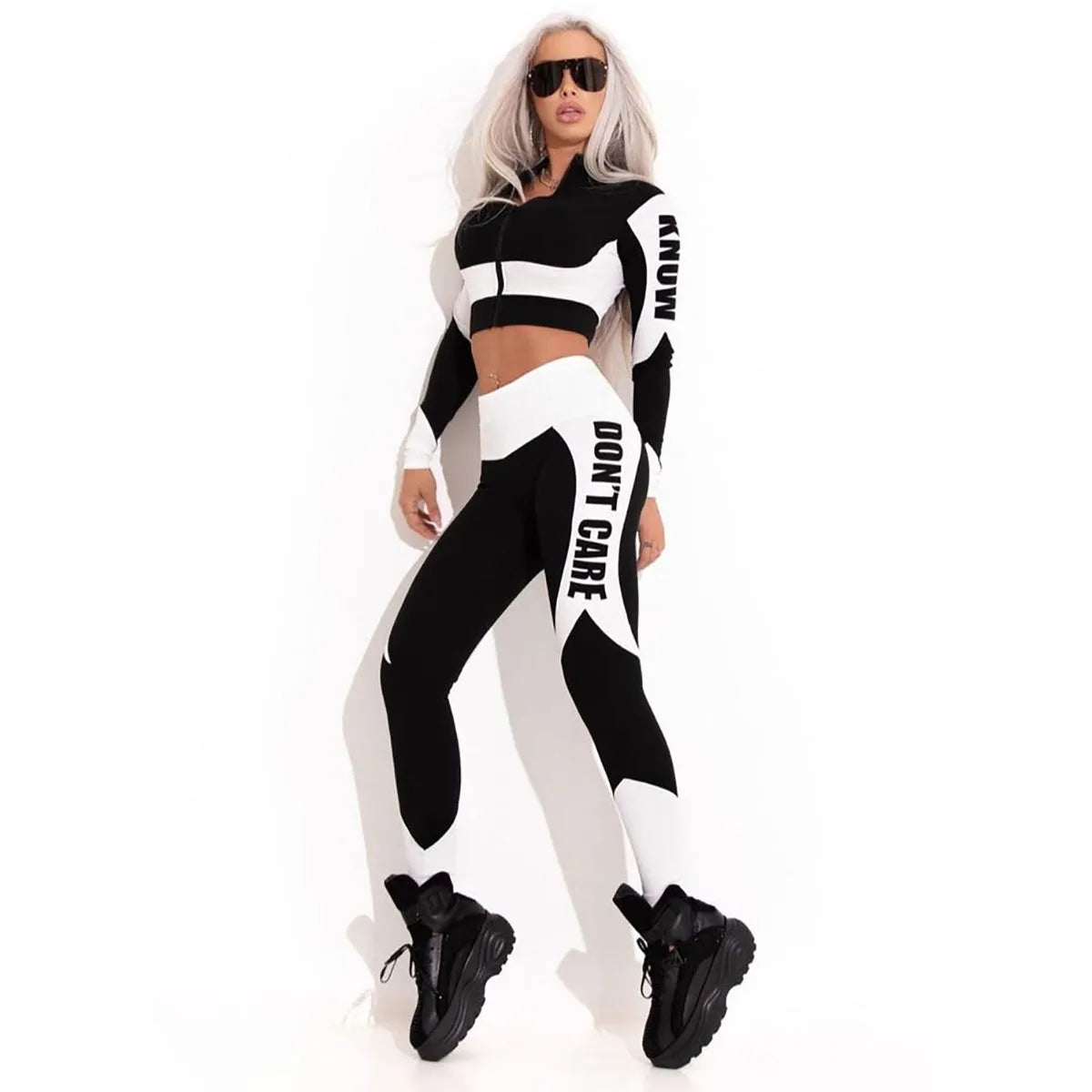 Long Sleeves Zipper Tops & Letter Print Leggings Sports Yoga Suits Activewear For Women