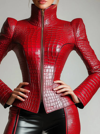 Fashion Women Alligator Pattern High Neck Long Sleeve Blouse Vintage Zipper Leather PU Tops High Street Streetwear Jacket