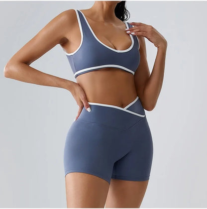 Seamless Yoga Sets Sports Fitness cross waist  Waist Hip-lifting Shorts Bra Suit