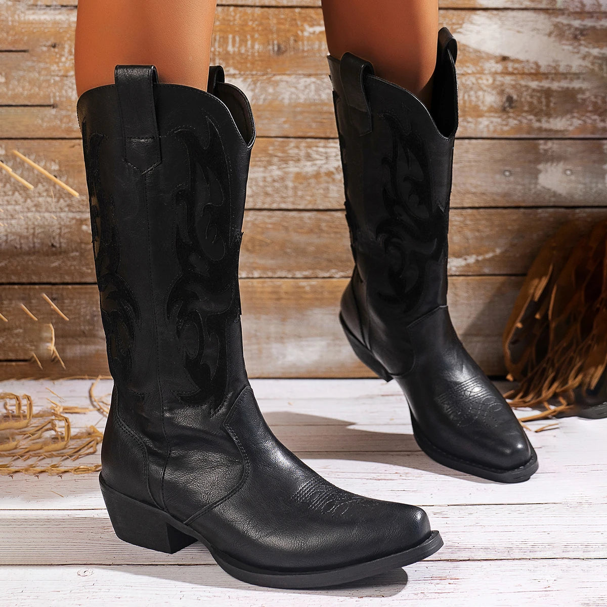Women's Boots with Leather Embroidered Thick Heel Square Toe Western Cowboy Boots