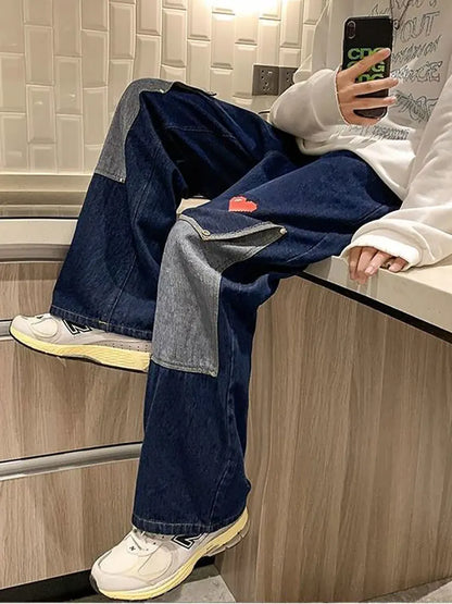Wide Leg Baggy Cargo Jeans Pants Men Heart Oversize Straight Casual Denim Long Trousers Streetwear