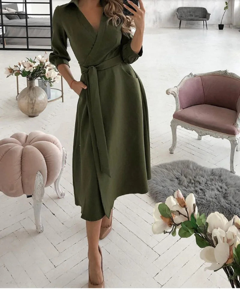 A-Line Wrap Summer Dress Long Sleeve V-Neck Dress Pocket Elegant Midi Party Dress