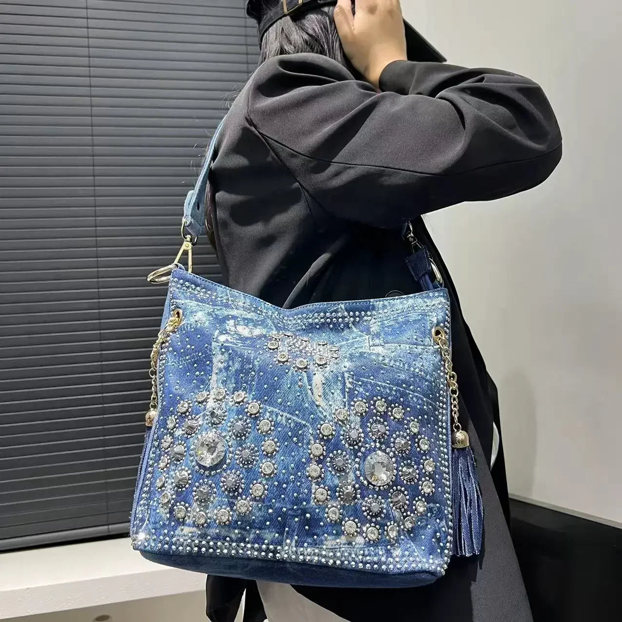 Gradient Diamond Elegant Shoulder Bag Large Capacity Diamond Denim Handbag