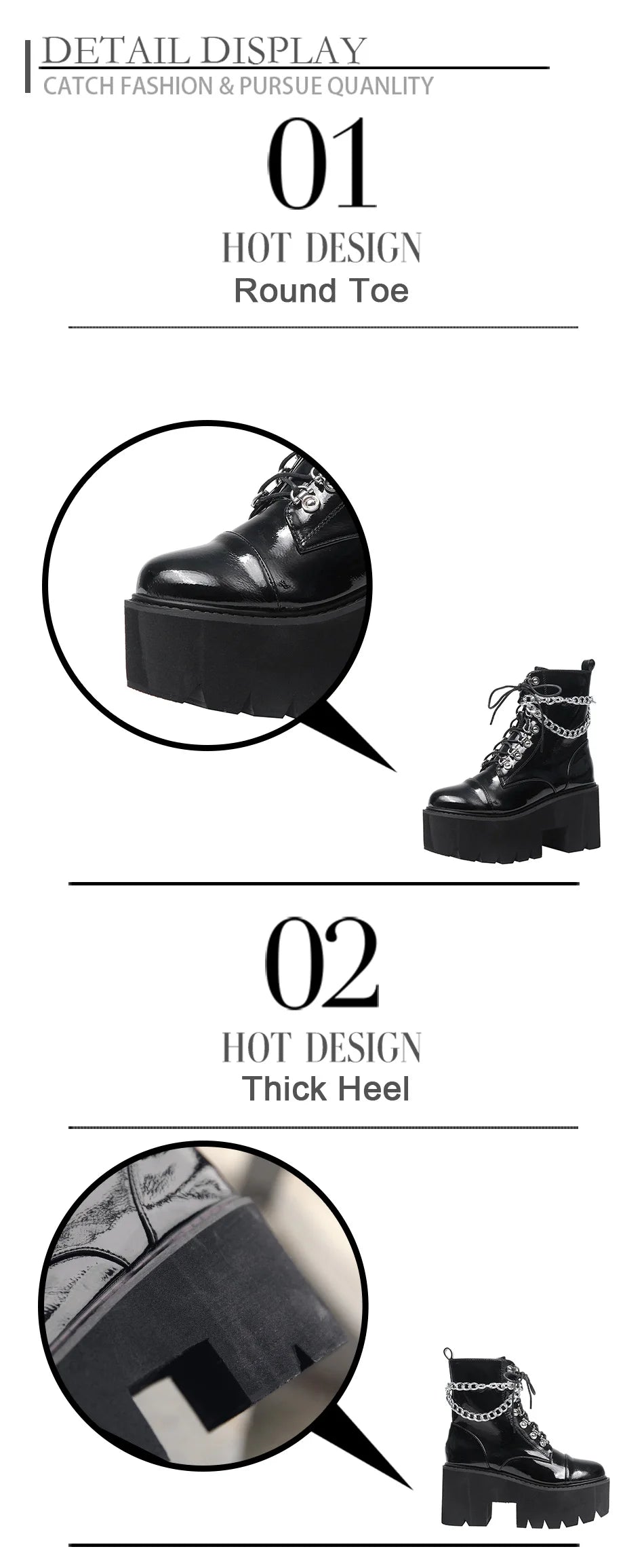 Gothic Black Boots for Women Chain Chunky Heel Platform Ankle Boots Zipper