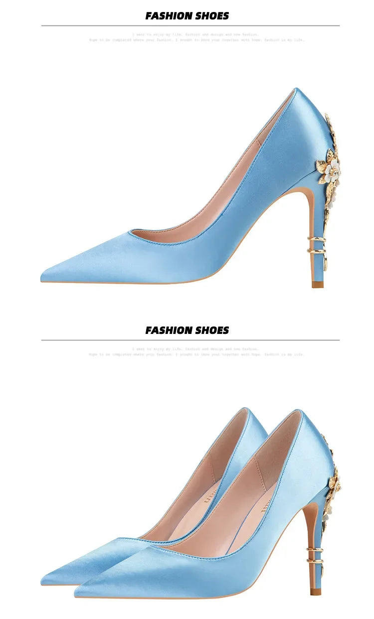Women's Metal Flowers Stiletto High-heel Shoes Female  Light Luxury Wedding Shoes Pointed Toe