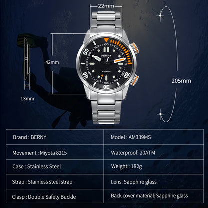 Automatic Dive Watch for Men Super Luminous Original Design 20 ATM Diver Wristwatch Sapphire