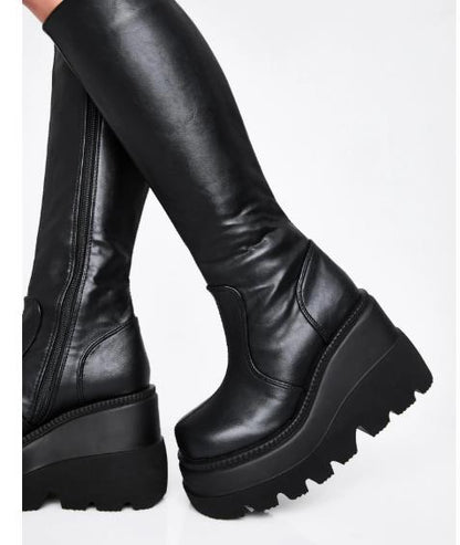 Wedge-heeled Mid-tube Boots Ladies Gothic Style Thick-soled Motorcycle Boots