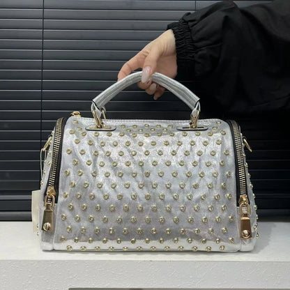 Ladies' diamond studded nylon tote bag with leopard pattern