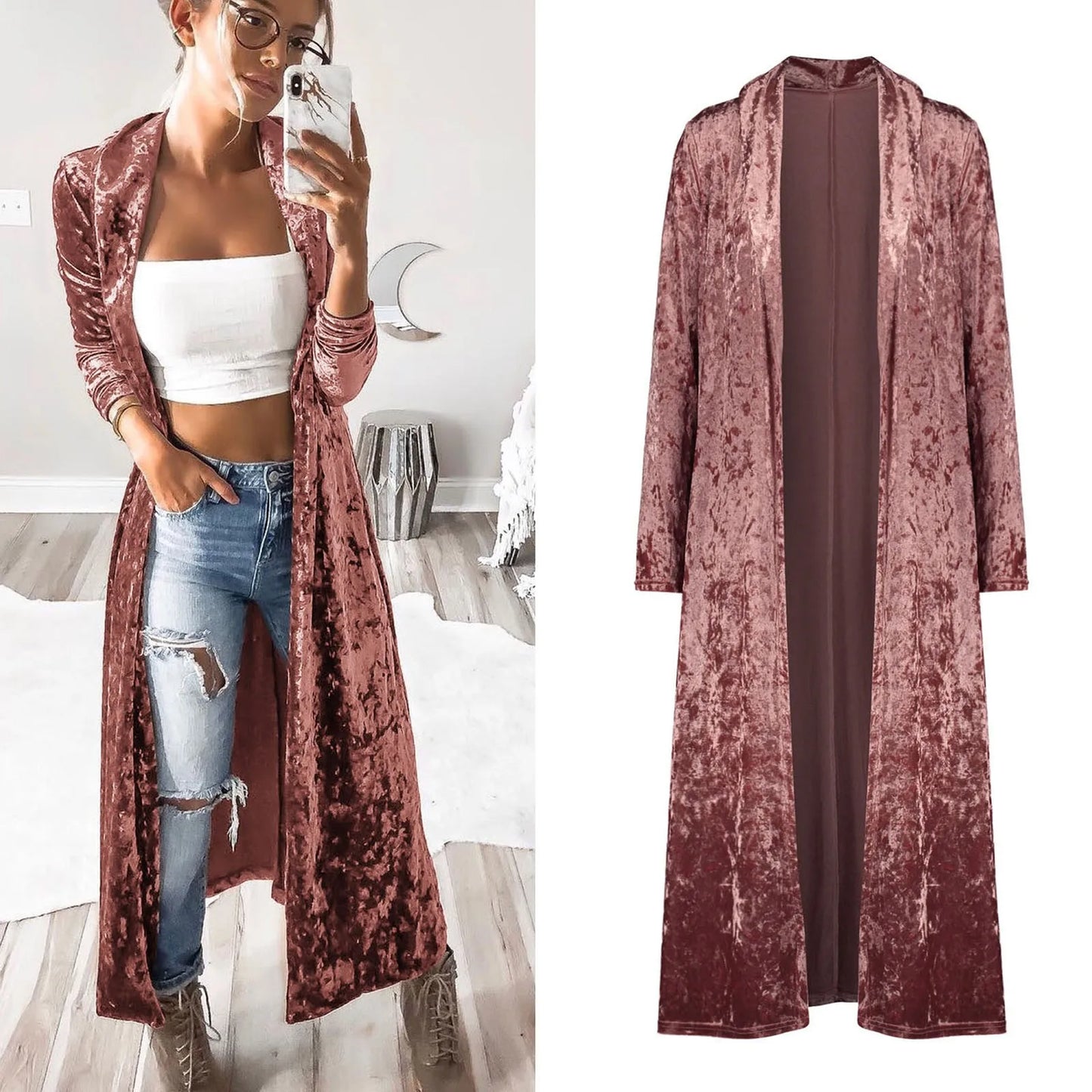 Women's Lightweight Overcoat Velvet Retro Open Front Cardigan Ladies Windbreaker
