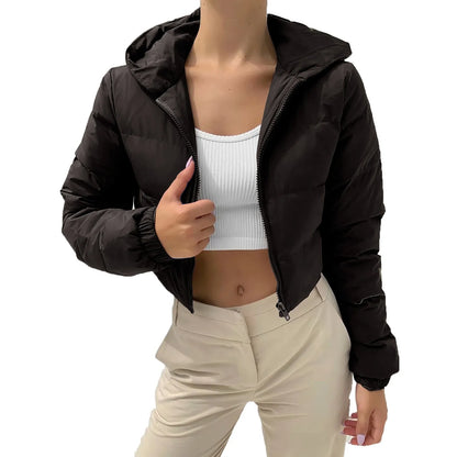 Winter Warm Hooded Jacket Women Fashion Cropped Coats Long Sleeve Outerwear Zipper Padded Coat