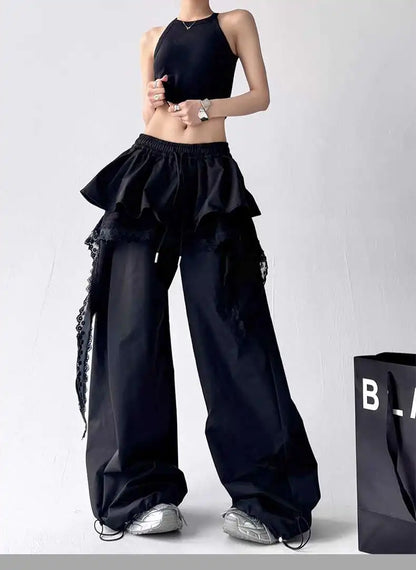 Y2K Black Cargo Pants Women Lace Patchwork White Wide Leg Pants