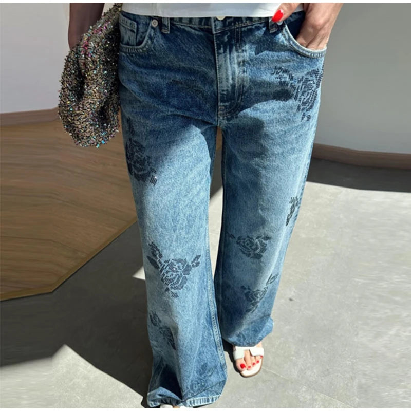 Floral-Shaped Diamond Light Blue Women Flared Denim Jeans High Waist Baggy Dragging Pants Vintage