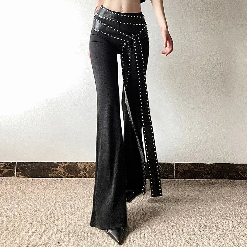 Punk Grunge Hoge Taille Flare Broek Effen Alt Streetwear Vrouwen Mall Gothic Casual Broek Met Kunstleer Riemen Slank